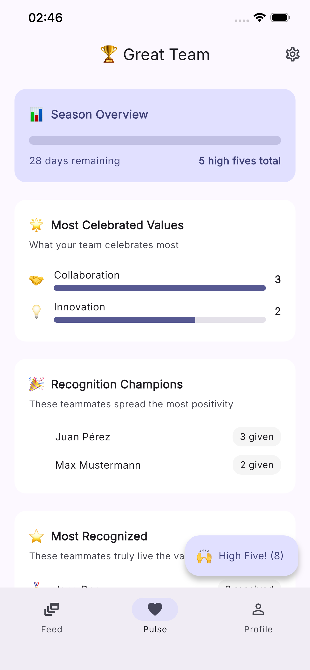 Team Pulse showing which values your team celebrates most