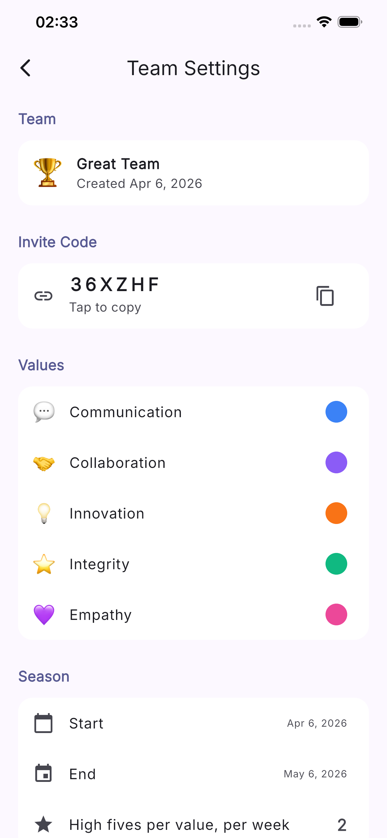 Your team screen showing members and shared values